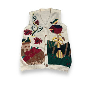 Vintage Fall Theme Button Up Sweater Vest Womens Hand Made Knit Beige